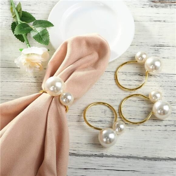 KESOTE Set of 12 Pearl Napkin Rings, Gold Napkin Ring Holders for Formal - Picture 2 of 7
